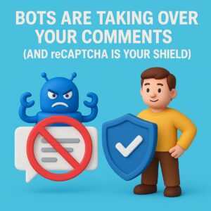 Friendly 3D robot holding a shield to stop bot spam in comment sections