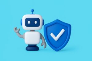 Minimalist 3D robot and blue shield protecting a website from comment spam attacks