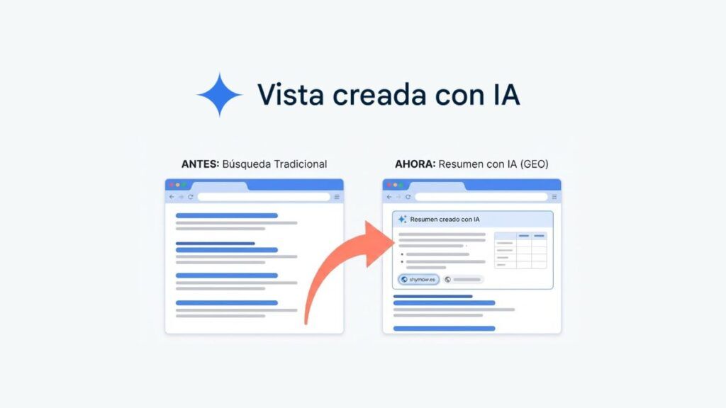 Vergelijkend diagram tussen traditionele SEO en met AI gemaakte samenvattingen (AI Overviews), met een door Google gegenereerde antwoordkaart waarin Shymow.es als deskundige GEO-bron wordt genoemd.